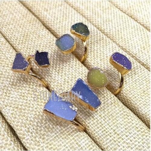 RM334 5Pcs New Realease Double Gold Electroplated Free Form Ring Random Color Agates Druzy Ring Online Adjustable