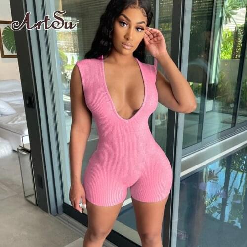 Artsu Sleeveless Deep V Solid Bodycon Ribbed Ruched Sexy Playsuit Summer Women Fashion Streetwear Outfits Romper ASJU83078