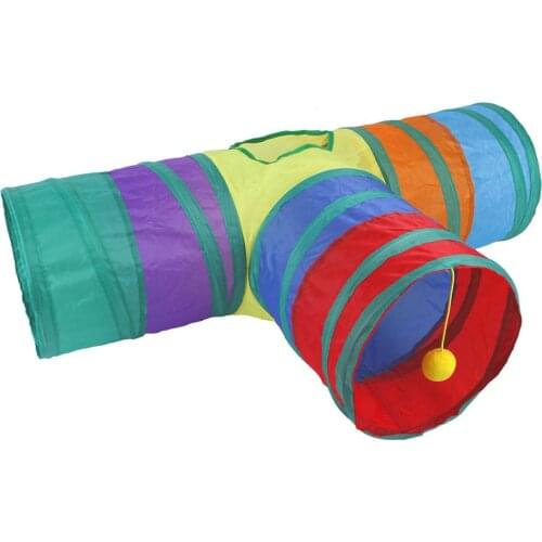 Collapsible Rainbow Cat Tunnel Interactive Cats Tube Toys 3-Way Pop Up Cat Tunnel With Hanging Toys Entertainment For Cats