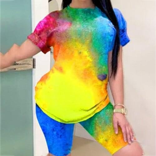 Tie dye Workout Casual 2021 Summer Fashion Matching Sets Women Tshirt+ Short Sleeve 2 Piece Outfits Sporty Top Biker Shorts Set