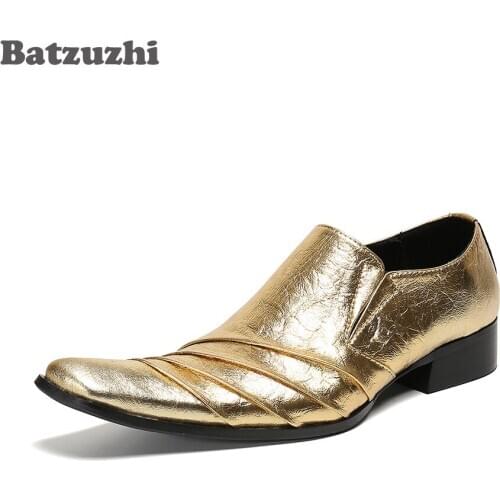 Batzuzhi Golden Leather Dress Shoes Men Vintage Metal Pointed Toe Mens Dress Shoes Fashion Party and Wedding Shoes, EU38-46