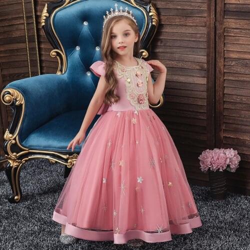 High End Long Style Dress For Girl Wedding Kids Crew Neck Embroidered Flower Kid Dress For Party 2-10 Years old