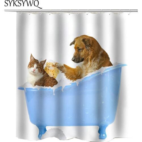 Cat Dog Shower Curtain Fabric Poyester Bath Screens Pet Animal Bathroom Curtain Bathtub Dog Cat Shower Dog Pet Bathroom Decor