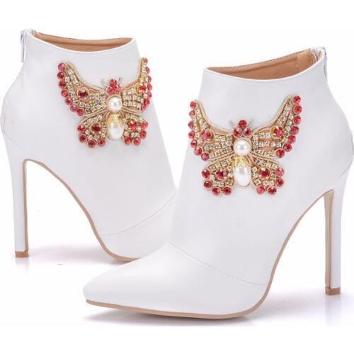 Woman Winter Butterfly Knot Ankle Boots Women Zip High Heel 11CM Pointed Toe Boots Shoes Woman Fashion Ladies Winter Boots Pumps