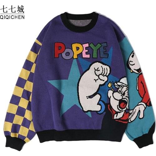 Harajuku Sweater Women Cartoon Design Loose Women Pullover Thick Sweater Letters Girls Cotton Knitted Jumper Tops Plaid