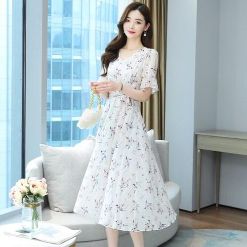 Fashion new summer V-neck Long dress French retro Short sleeve small floral white dress female