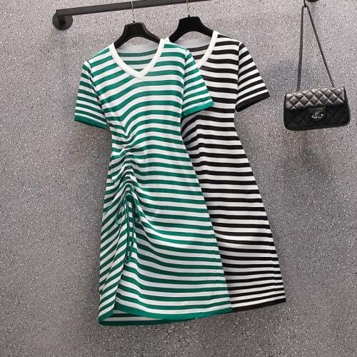 M-4XL Large size summer thin kintting sweater dress 2021 fashion Split fork Striped v neck slim elegant women dresses vestido