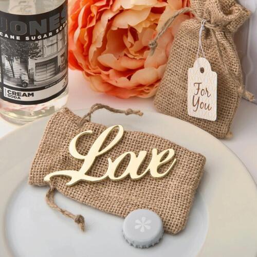 100pcs/lot Wedding Party Gift Favors Souvenirs Antique Gold Love Design Bottle Opener With Burlap Bag LX7888