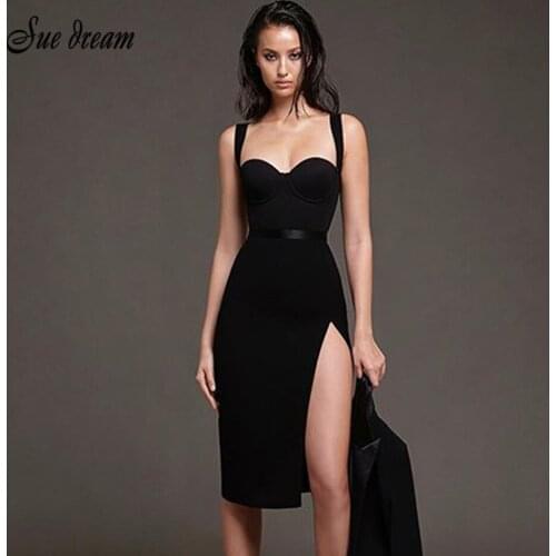 2021 Summer New Ladies Sexy Side Slit Bodycon Black Spaghetti Tight Bandage Dress Nightclub Party Dress