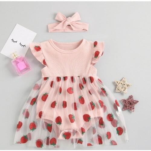 2021 Summer Baby Girls Pink Stitching Flying Sleeve Strawberry Mesh Triangle Romper with Headdress