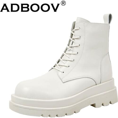 ADBOOV Genuine Leather Chunky Boots Women Round Toe Ankle Boots Lace Up Platform Shoes Female