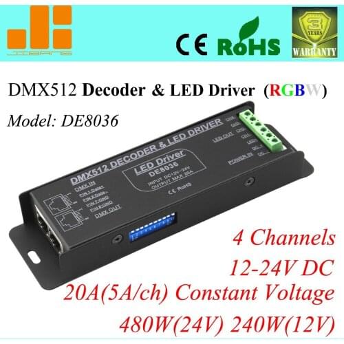 Free Shipping 4channels LED RGBW Controller DMX LED Decoder & Driver 12V DMX Controller DE 8036