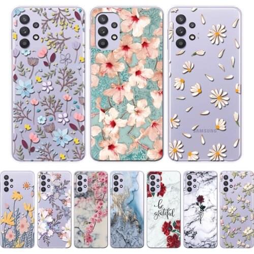 Case For Samsung Galaxy A32 4G A 32 Bumper Soft TPU Back Cover Conquer Luxury Flower Transparent Shell For Galaxy A32 6.4" Funda