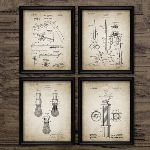Barber Patent Blueprints Vintage Posters Canvas Prints ,Shaving Brush, Scissors Barbers Pole, Cutthroat Razor Barbershop Decor