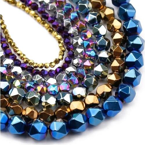 Gold Blue Faceted Round Hematite Natural Stone Spacers Loose Beads For Jewelry Making DIY Bracelet Accessories 3/4/6/8/10mm