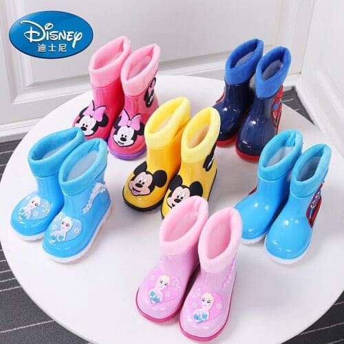 Childrens rain boots Disney new plus velvet girls baby kindergarten water shoes non-slip water shoes baby warm rain boots