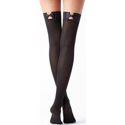 Sexy Fishnet Stockings Knee Socks With Bow Tie New Arrival Woman Fashion One Size Nylon Black Solid Thigh High Socks HS2144