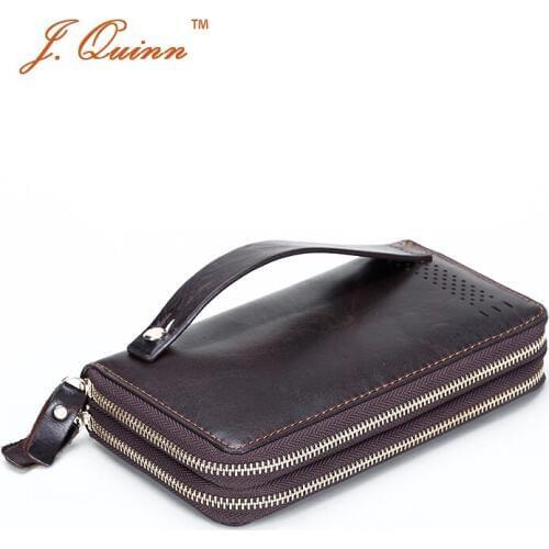 J.Quinn Hot Business Dual Zip Around Mens Clutch Wallets Cow Leather Long Hand Bag Retro Large Card Holder Wallet with Wristlet