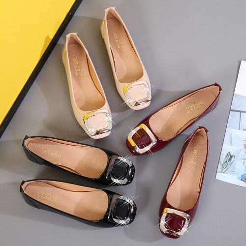 Japanned leather career shoes woman autumn square buckle flats crystal metal soft bottom loafers glitter comfy female moccasins