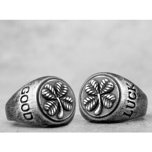 Good Luck Four Leaf Clover Retro Old Black Stainless Steel Mens Rings for Women Male Boy Biker Jewelry Creativity Gift Wholesale