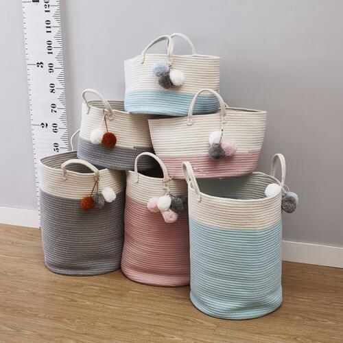 INS Nordic Cotton Rope Storage Basket With Hair Balls Pompon Woven Laundry Baskets Kids Room Decoration Organizer Nursery Hamper