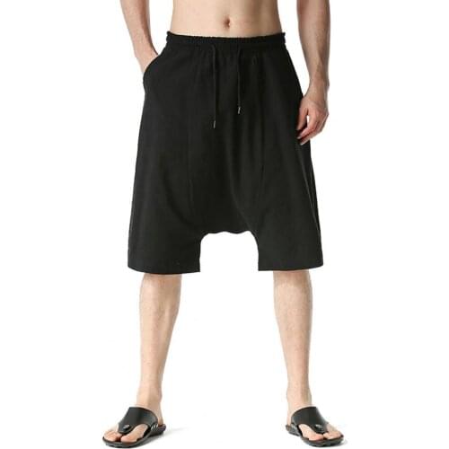 Summer Baggy Shorts Solid Color Drop Crotch Men Mid Rise Drawstring Multi-pockets Short Pants for Home Joggers Harem Pants 2021