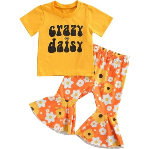 OPPERIAYA Summer Toddler Baby Girls Clothing Casual Set Letter Print Short Sleeve O-neck T-shirt Floral Print Flared Pants