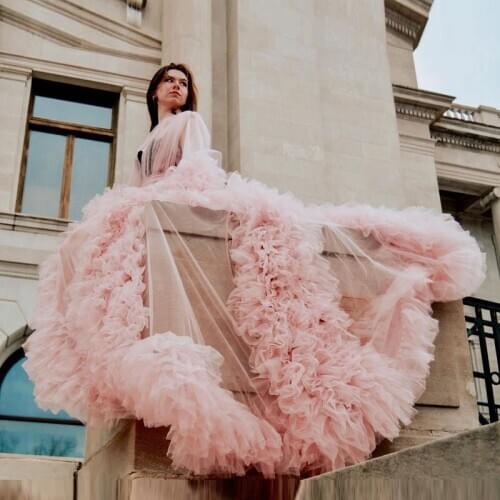 Sweet Girls Ruffled Pleated Tulle Maternity Robes Women Dresses Sheer Long Tulle Robes Baby Shower Photo Shoot Dress For Party