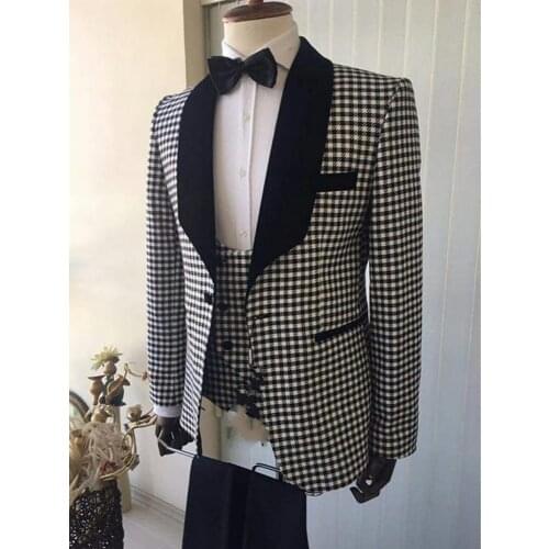 Fashion Real Photo Chequer Groom Tuxedos Mens Wedding Blazer Prom Dress Business Suits Sets (Jacket+Pants+Vest+Tie) K:585