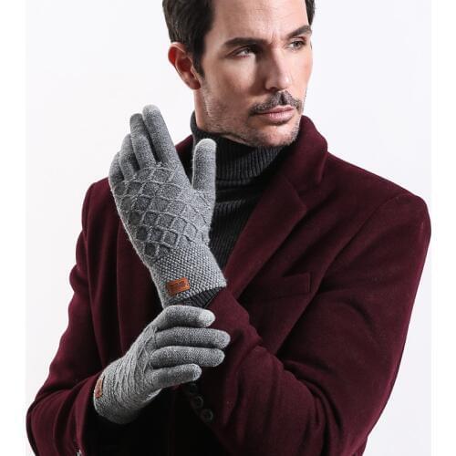 Fashion Winter Acrylic Mesh Pattern Thicken Knit Warm Touch Phone Screen Cycling Gloves Men Outdoor Sports Driving Gloves C69