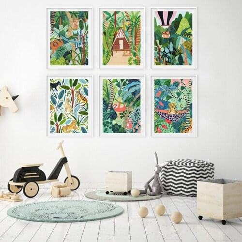 Nordic Cartoon Tiger Monkey Wall Art Poster and Prints Colorful Forest Painting Decorative Picture for Kid Child Bedroom Decor