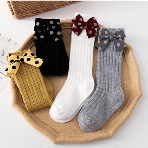 New Dot Bowknot Baby Socks Spring Soft Baby Girl Knee High Socks Solid Color Infant Toddler Kids Socks