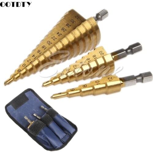 New 3Pc Set Steel Titanium Nitride Coated Step Drill Bit Quick Change 1/4" Shank