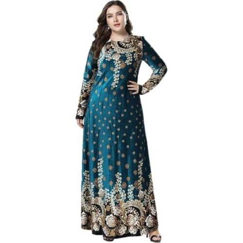 New Autumn Velvet Maxi Long Dresses Elegant Gold Stamping Floral Printing Muslim Dress BLUE RED WHITE GREEN M-4XL