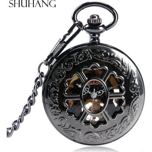 SHUHANG New Mechanical Pocket Watches for Men Women Beautiful Flower Stylish Watch Luxury Pendant Vintage Black free shipping