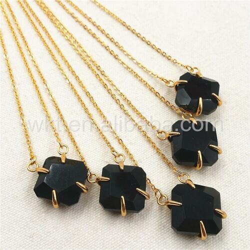 WT-N789 Wholesale raw 18inch long chain black stone necklace ,fashion prong setting black stone necklace for women jewelry