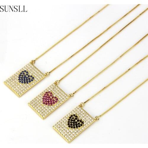 SUNSLL Gold Color Copper Multicolor Cubic Zirconia Love Heart Rectan Pendant Necklaces Womens Fashion Jewelry CZ Colar Feminina