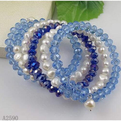 Unique Pearls jewellery Store 5rows Blue Crystal Beads White Freshwater Pearl Wrap Bracelet Perfect Wedding Birthday Women Gift