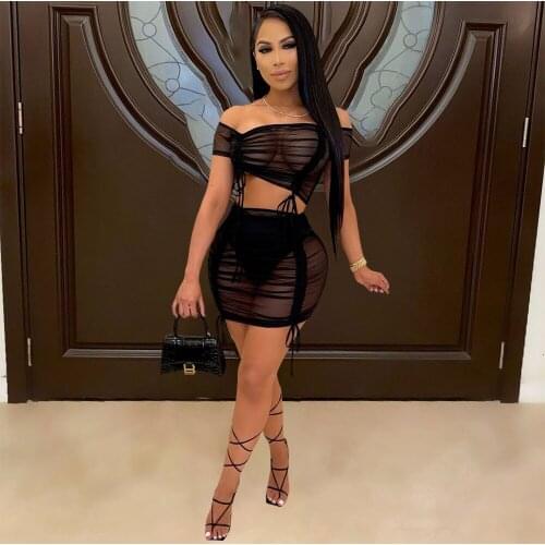 Sheer Mesh Skirt Womens Outfit 2PCS Set Off Shoulder Asymmetric Drawstring Crop Top+Sexy Partywear Bodycon Package Hip Skirts