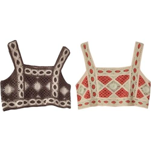 Women Boho Knit Crop Tank Top Hollow Out Crochet Geometric Beach Camisole Vest