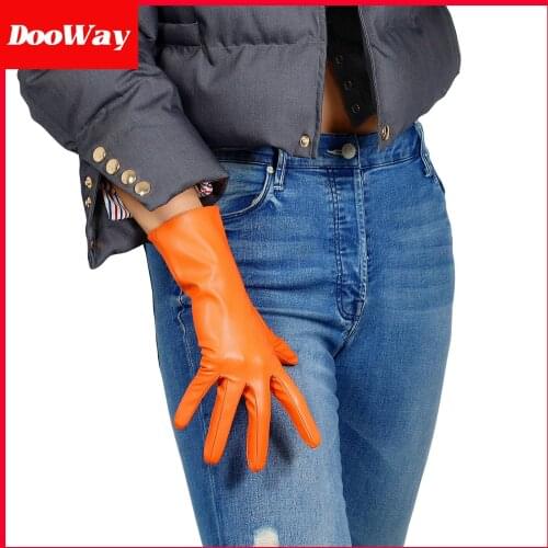 DooWay Women Leather Gloves Wrist Length Faux Lambskin Winter Warm Driving Costume Orange 28cm/ 11inches