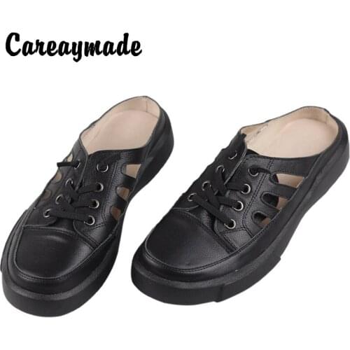 Careaymade-Genuine leather Women slippers Baotou half with flat sole summer Casual comfortable hollow lazy cool slippers,2 color