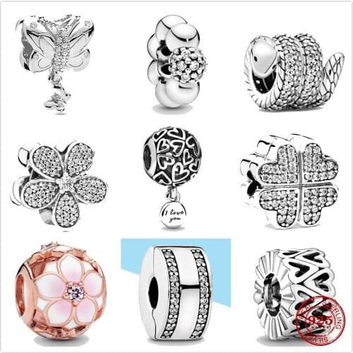 925 Sterling Silver Shiny Shining Coiled Snake Butterfly Zircon Bead fit DIY Jewelry Original Pandora Charm Silver 925 Bracelet