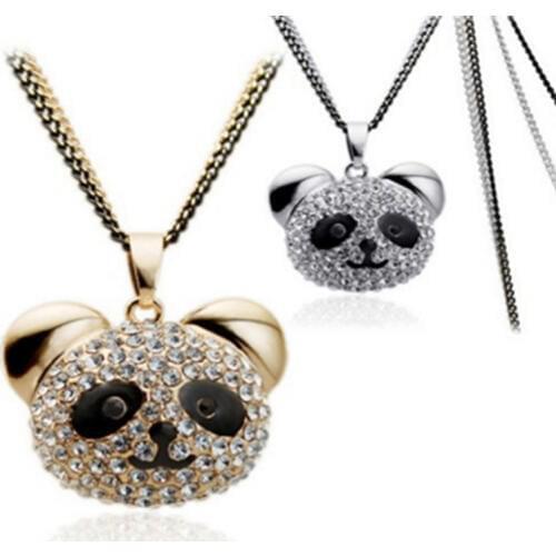 Pretty Rhinestone Panda Pendant Necklace Women Crystal Accessories Sweater Hip Hop Necklaces Jewelry Gift