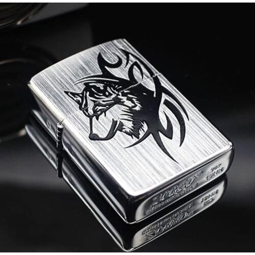 Zorro Pure Copper Kerosene Lighter Engraving Wolf Vintage Silver Brushed Windproof Cigarette Lighter.Wolf/Dragon/Tiger