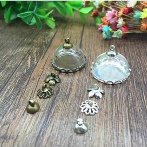100sets/lot 20mm glass cover bronze/silver round lace tray bead cap setting charm vial pendants craft jewelry necklace making