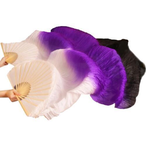 100% Silk Handmade Bamboo Ribs Dance Props Silk Belly Dancing Long Fans Natural Silk 1Pc Left hand+Right hand White+Purple+Black