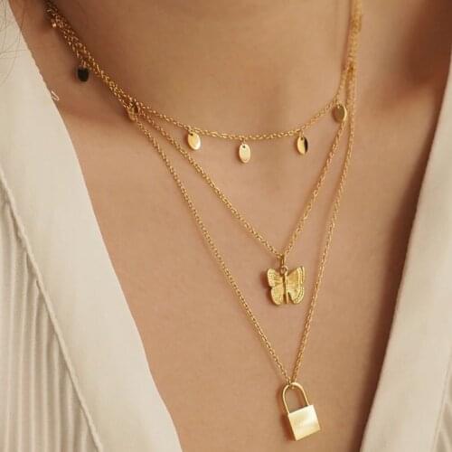 HuaTang Boho Gold Lock Butterfly Pendant Necklace for Women Multilayer Sequin Clavicle Chain Female Party 2020 Jewelry Collares
