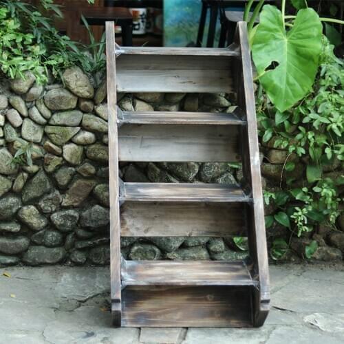 Old style solid wood floor standing by the wall, outdoor shelf, hand-made country retro fleshy wooden ground flower pot frame