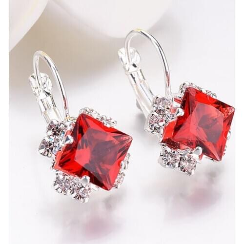 Korean Temperament Sexy Female Crystal Zircon Stone Earrings Silver Color Red Blue Purple Black Square Three-dimensional Earring